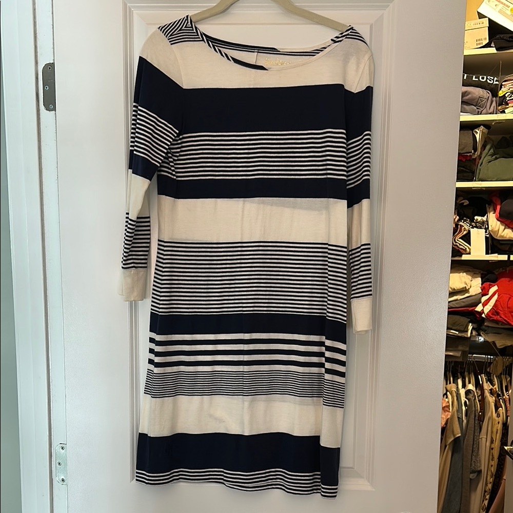 Lilly Pulitzer Black and White Sheath Dress Bateau Neck 3/4 Sleeve